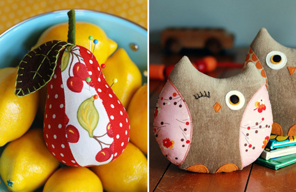 pear pincushion and owl softies sewing pattern by retro mama on etsy