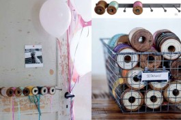 wall hooks and wire baskets used to store ribbons