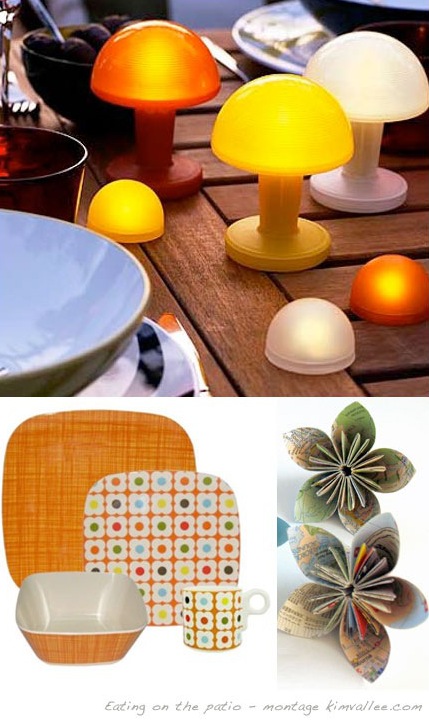 orange tableware and lantern for eating on the patio