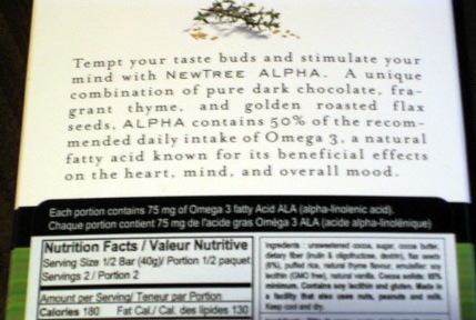 omega3 claims on the back of the ALPHA chocolate bar