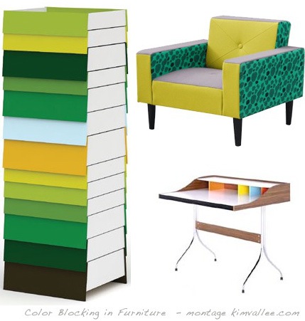 color blocking furniture :: stack drawers :: hue armchair :: swag leg desk