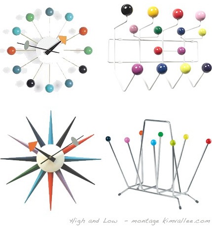  multi color ball and sunburst wall clocks :: eames hang it all :: saturnus magazine rack