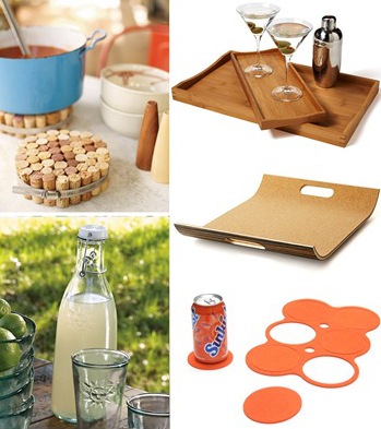 recycled bottles : bamboo serving trays : cork tray : coasters ecochic spring party ideas