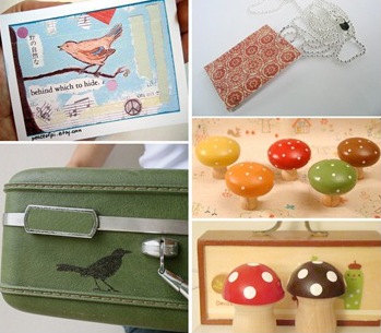 labor day sale at etsy :: bird print magnet :: jewelry :: vintage luggage :: mushroom dollhouse display set
