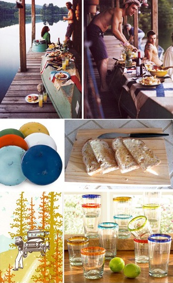labor day weekend party at the lake :: festa dinneware :: wood tray :: camping 1960s style cards :: colorful glassware