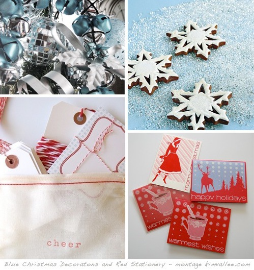blue christmas decorations and red stationery