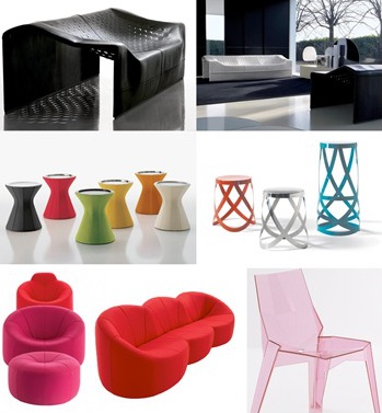 skin sofa by jean nouvel :: buddy table :: ribbon stools :: pumpkin seat furniture for roset :: karim rashid poly chair 