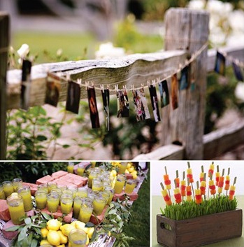 hanging photos with clothes pins :: lemonade on a mason jar :: fruit kebabs on a wheatgrass bed