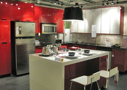 red kitchen with wallpaper wall