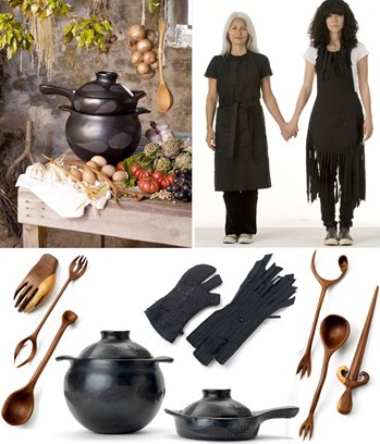 black ceramic cauldron casserole saucepan with lid :: aprons and mitts :: wooden service utensils :: witches kitchen designed by tord boontje