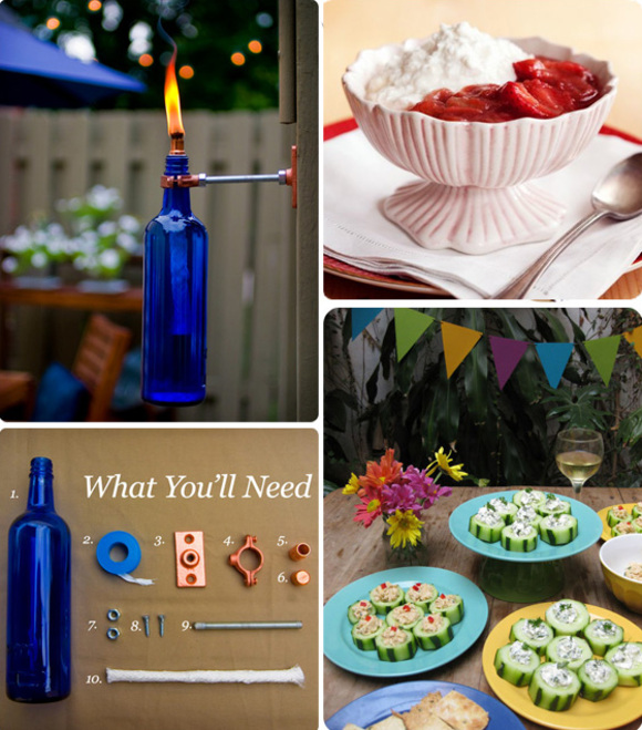 cool ideas for summer party :: diy tiki torch :: rhubard and strawberry compote :: cucumber snacks