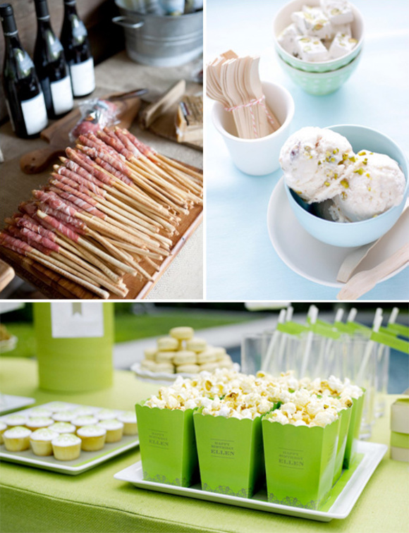 snacks for a book club party :: prosciutto on bread sticks :: ice cream and popcorn 