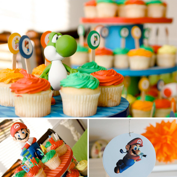 super mario first birthday party theme :: super mario figurines, party decorations, cupcakes