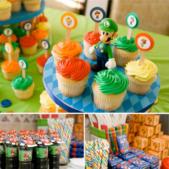 super mario first birthday party theme :: cupcake towers and favor tables