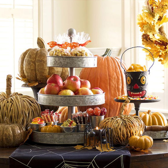 3-tiered stand for a candy Halloween station styled by pottery barn