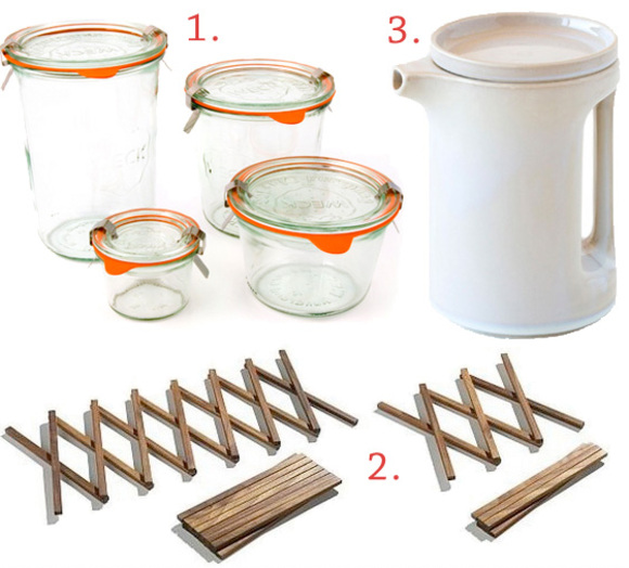 glass jars and carafe by weck :: teapot :: walnut wood trivets at mar mar co
