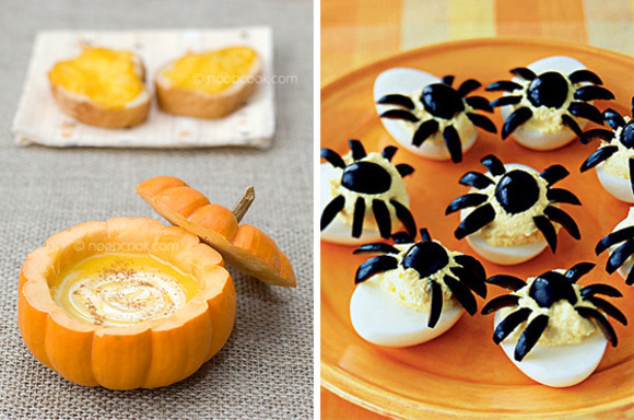 halloween pumpkin soup and spooky spider deviled eggs