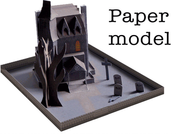 halloween decoration :: church with cemetery from paper model haunted house