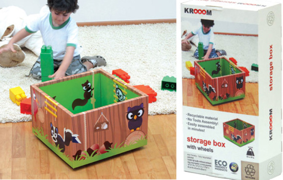 recycled cardboard storage box on wheels by krooom