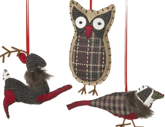 Peek at my tweed Christmas ornaments :: owl, reindeer and bird