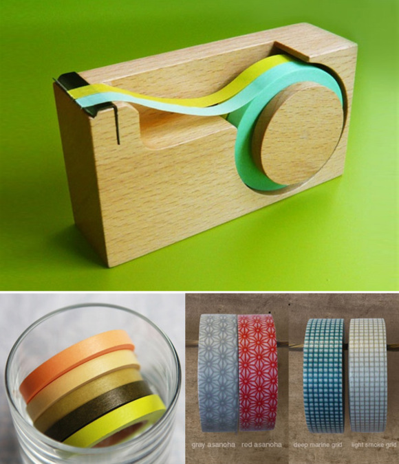 tinted mint washi tapes and wooden tape dispenser for 2 tapes