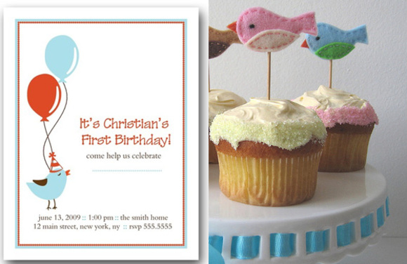 birdie birthday party theme :: invites and cupcake toppers