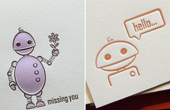 friendly robot cards by Sweet Harvey letterpress