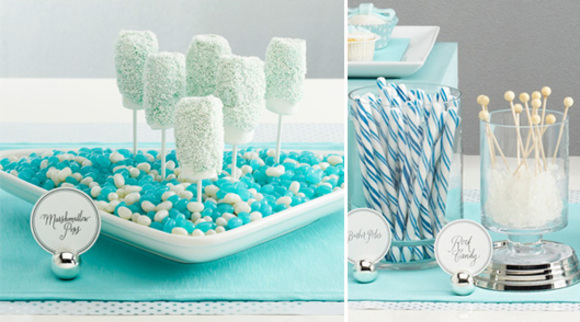 white and aqua blue color palette for a dessert buffet table 