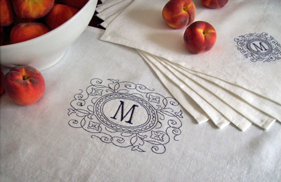 betsy grace\'s linen table runner with your initial available on etsy