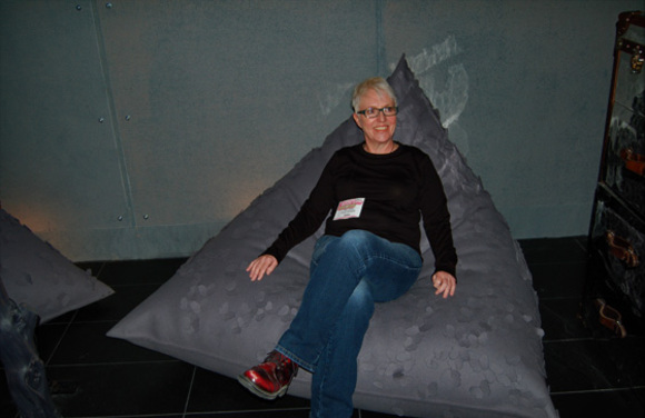 bev hisey sitting in her butterfly bag chair
