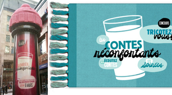 knitted hat on top of a round billboard :: le lait contes reconfortants campaign