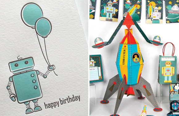 robot birthday theme :: letterpress birthday card :: robot garland and party favor bags