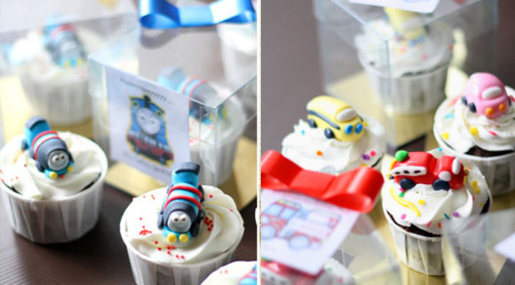 transport themes :: train, fire trick, bus and car cupcakes by fera rosalina