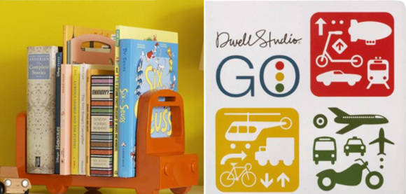orange bus bookshelf and go book by dwell studio