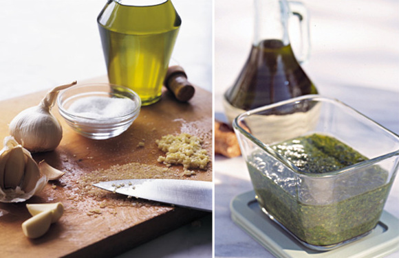 olive oil to the rescue for mincing garlic and preserving pesto