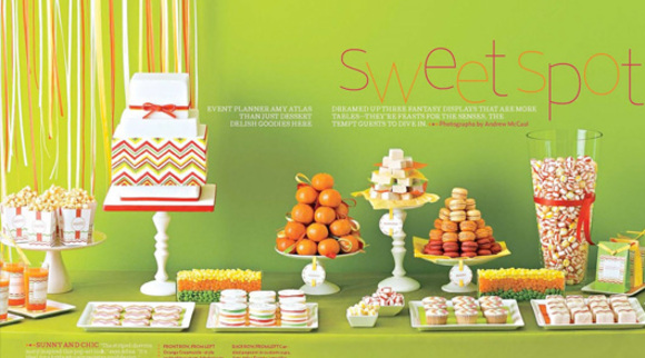 amy atlas's modern citrus chevron dessert table in brides magazine