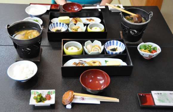 japanese breakfast at the ryokan in communal dining room