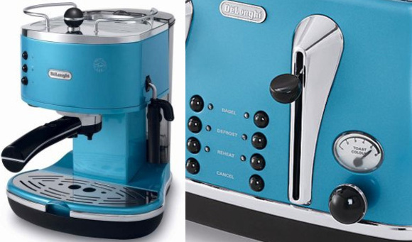 icona azure blue espresso machine and toaster by delonghi uk