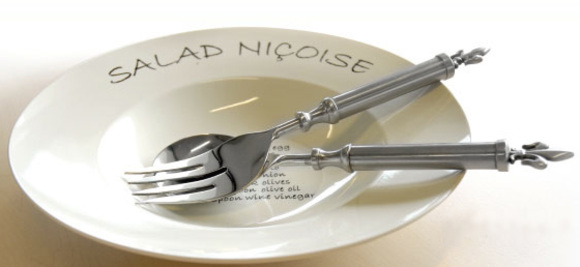 pewter salad servers and nicoise salad bowl