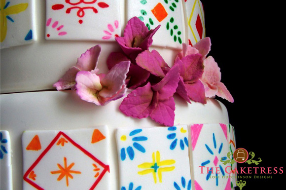 mexican theme wedding cake with hand painted sugar tiles by the caketress
