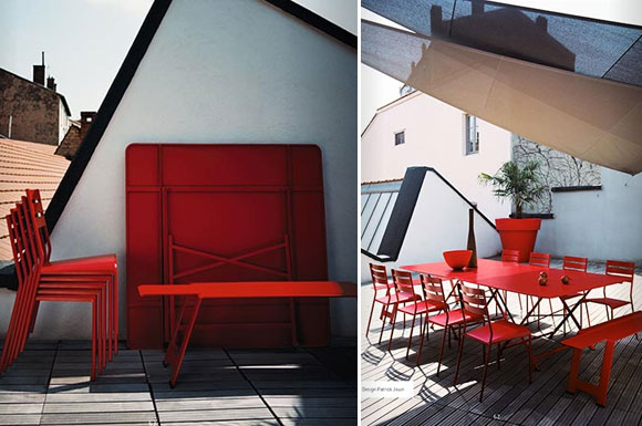 fermob red foldable garden chairs and tables