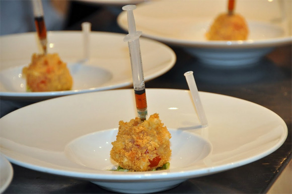 tempura tomato with its pipette of homemade soya sauce