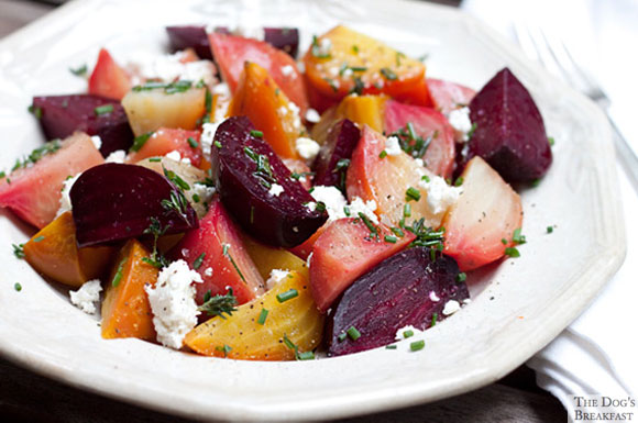 warm beet salad with goat cheese and fresh herbs by the dog's breakfast