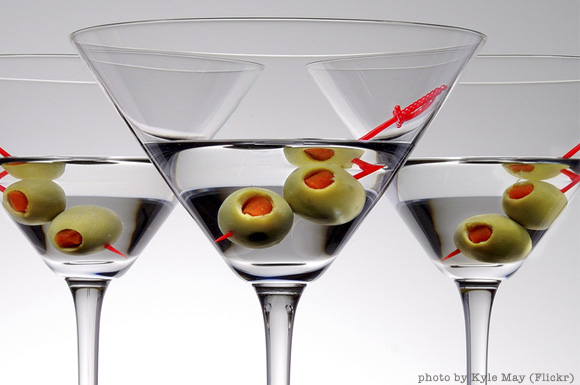 dry martini with stuffed olives