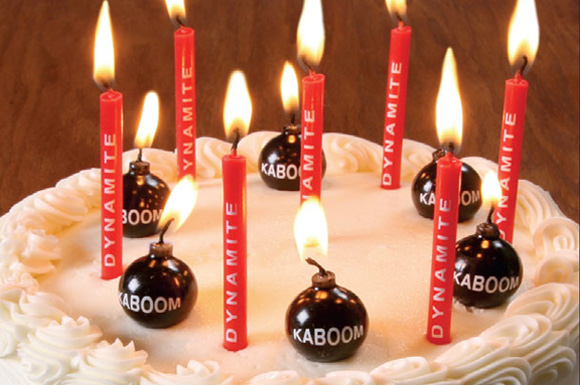 explosive birthday candles on a cake