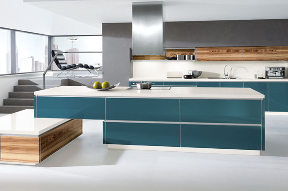 emerald blue high-gloss kitchen cabinets by alno