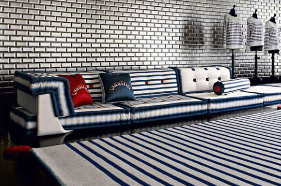 jean-paul gaultier striped sofa and rug for roche bobois