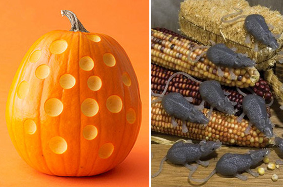creepy mice eating decorative corns on the cobs and a polka-dot pumpkin for a creepy Halloween vignette