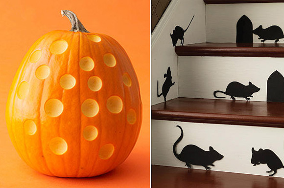 mice silhouettes, mouse holes and polka-dot pumpkin for a family-friendly Halloween scene