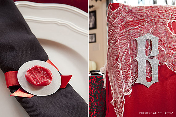 Vampire theme party :: napkins and ghoulish chair covers